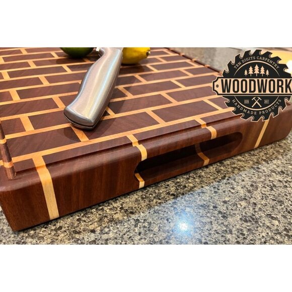 Handmade Mahogany & Maple Wooden Brick Pattern Cutting Board With Juice Groove - Picture 4 of 9